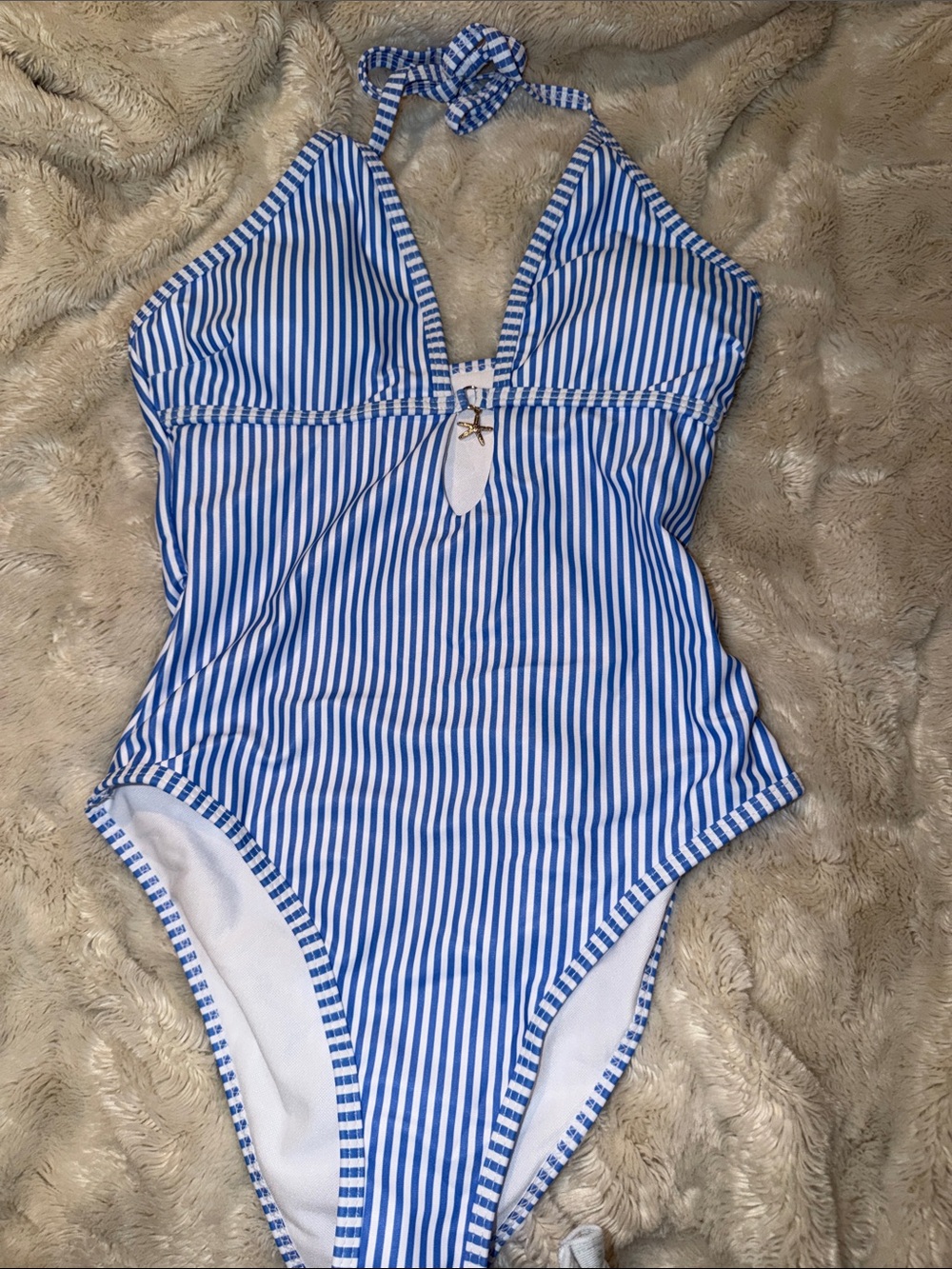 SHEIN Blue and White Striped Halter One-Piece Swimsuit